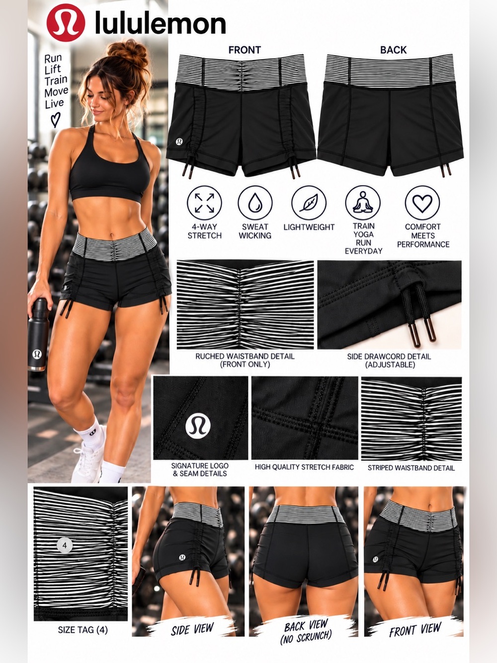 🖤 Lululemon Run: Speed Shorts — Black/White Stripe | Size 4